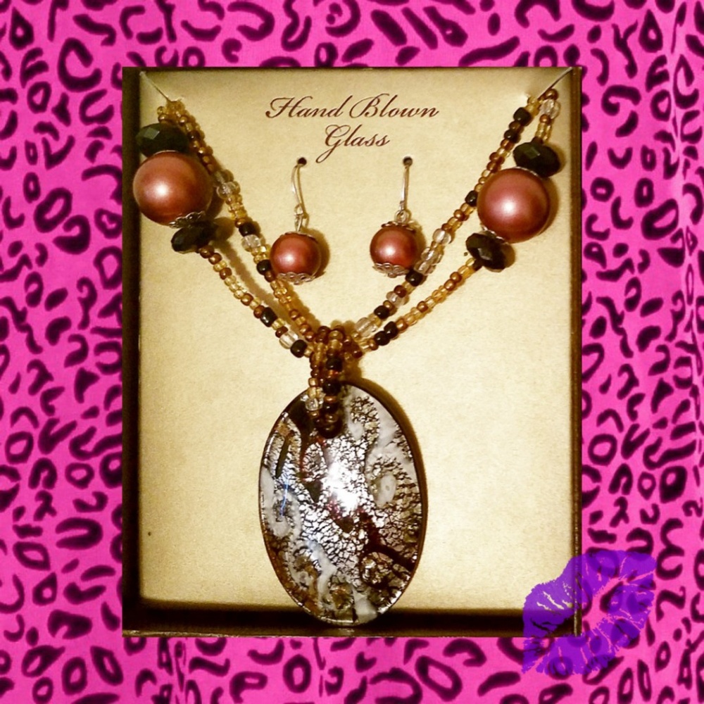 Hand Blown Glass Necklace and Earrings Set